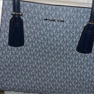 Michael Kors Light Blue MK Logo Tote with Navy Trim